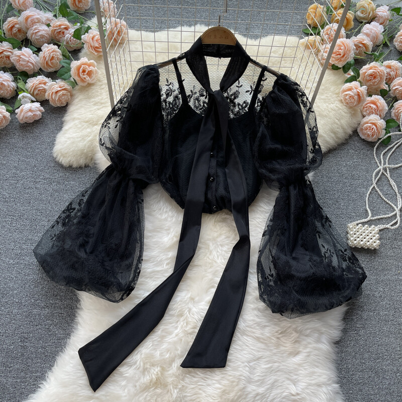 Lace Up Embroidery Long Sleeve Blouse