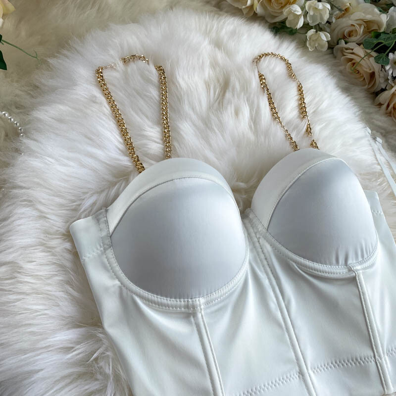 Chain Straps Corset Crop Tank Tops with Built In Bras