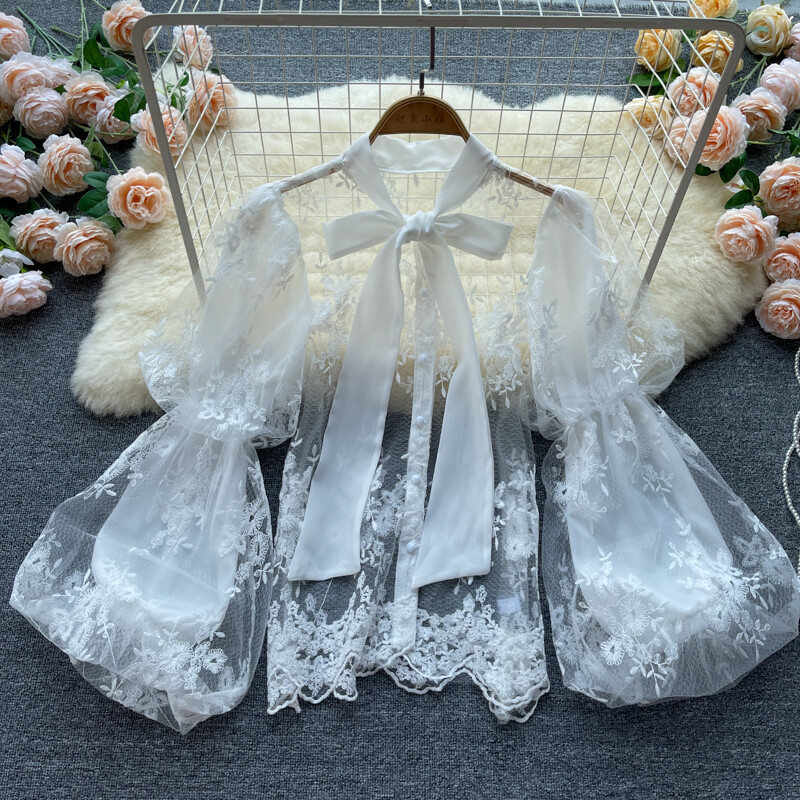 Lace Up Embroidery Long Sleeve Blouse