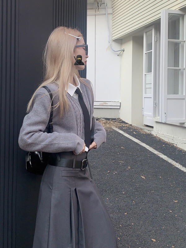 Harajuku Vintage High Waist Pleated Grey Long Skirt