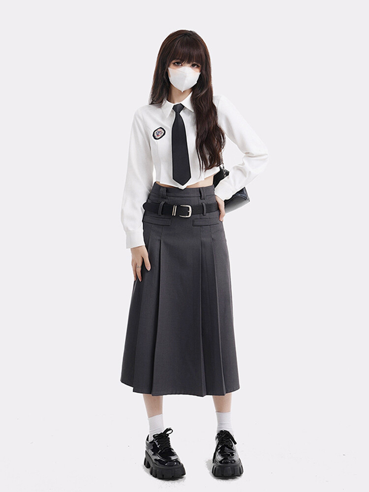 Harajuku Vintage High Waist Pleated Grey Long Skirt