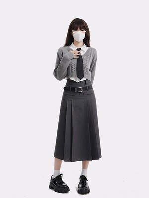 Harajuku Vintage High Waist Pleated Grey Long Skirt