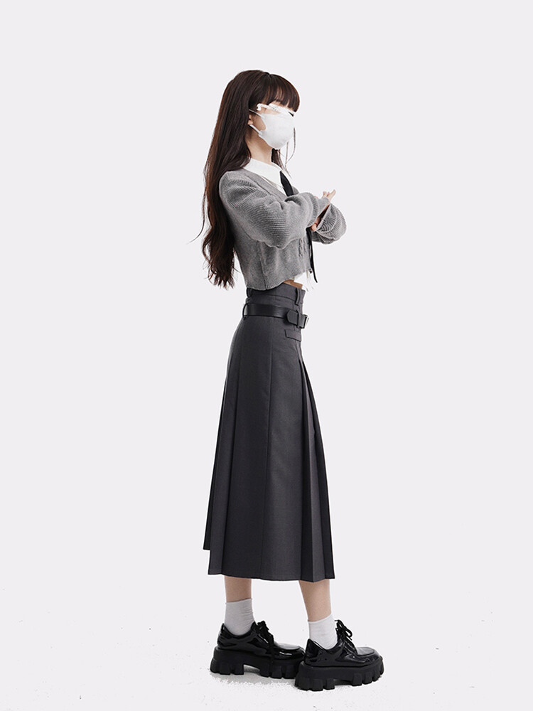 Harajuku Vintage High Waist Pleated Grey Long Skirt