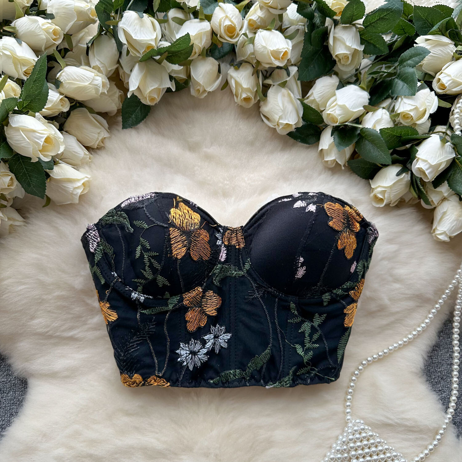 Floral Embroidery Strapless Printed Tube