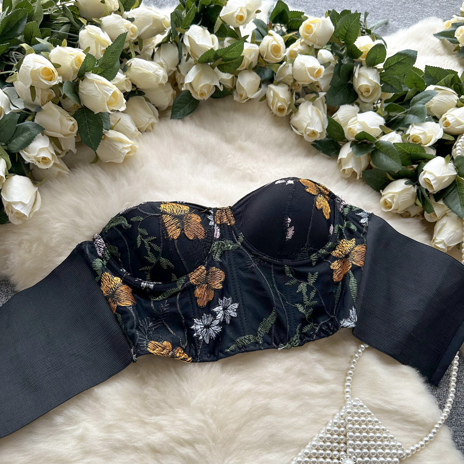 Floral Embroidery Strapless Printed Tube