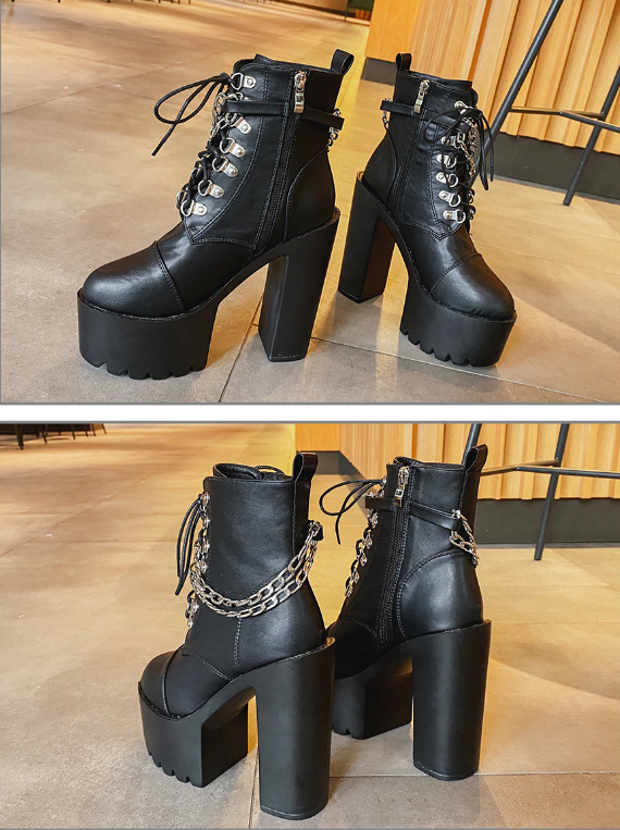 Black Chain Chunky High Heels Motorcycle Boots