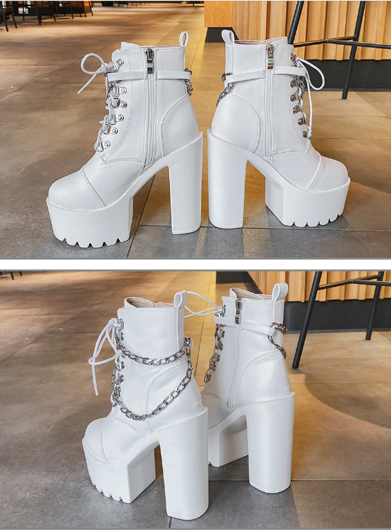 Black Chain Chunky High Heels Motorcycle Boots
