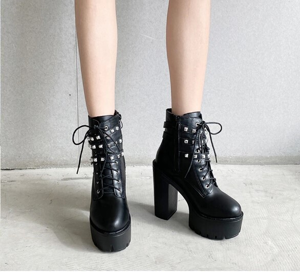 Leather Black Punk Black Rivets High Heels Boots