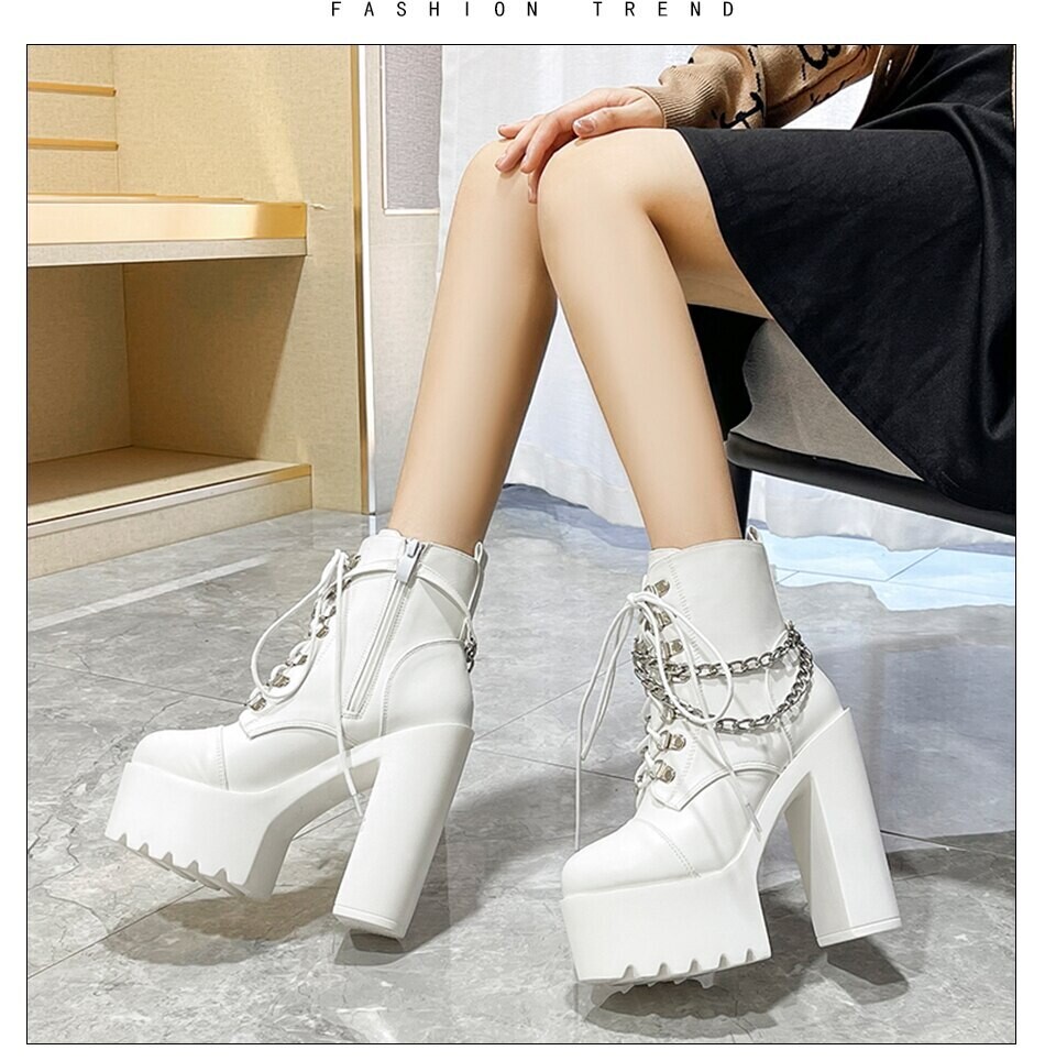 Black Chain Chunky High Heels Motorcycle Boots