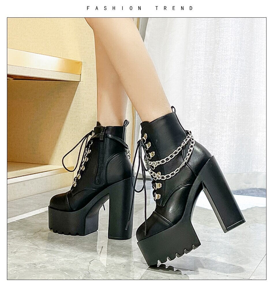 Black Chain Chunky High Heels Motorcycle Boots