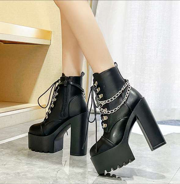 Black Chain Chunky High Heels Motorcycle Boots
