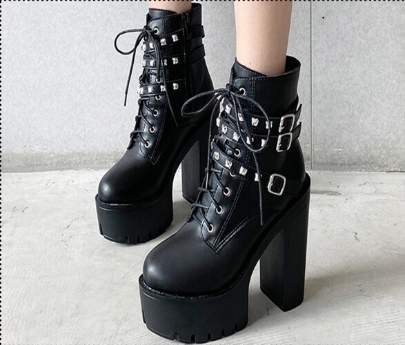 Leather Black Punk Black Rivets High Heels Boots
