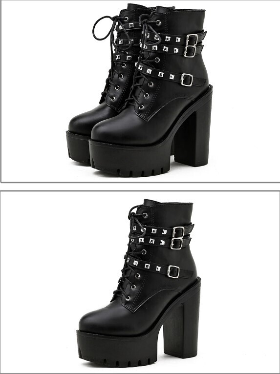 Leather Black Punk Black Rivets High Heels Boots