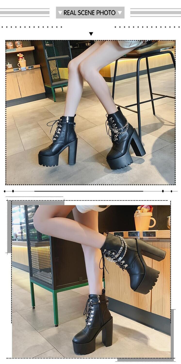 Black Chain Chunky High Heels Motorcycle Boots