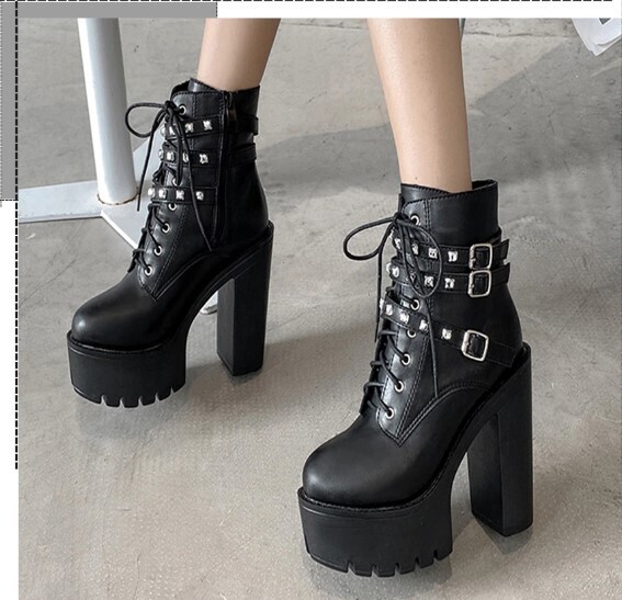 Leather Black Punk Black Rivets High Heels Boots