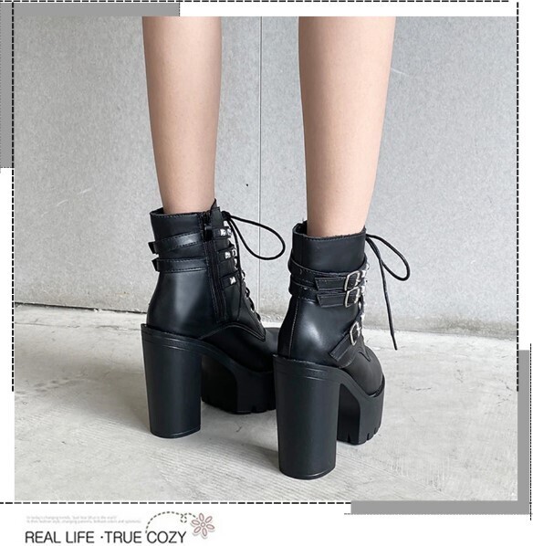Leather Black Punk Black Rivets High Heels Boots