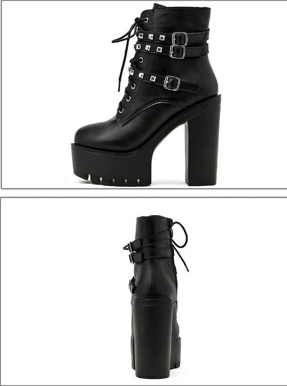 Leather Black Punk Black Rivets High Heels Boots