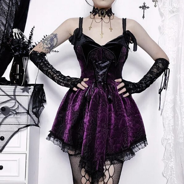 A-Line Retro Velvet Goth Mini Dress