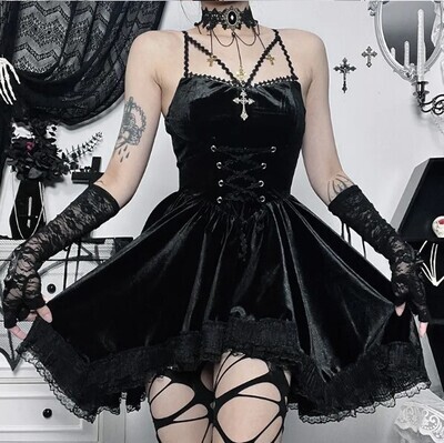 Aesthetic Punk Velvet Ruched Pleated Goth Party Dress