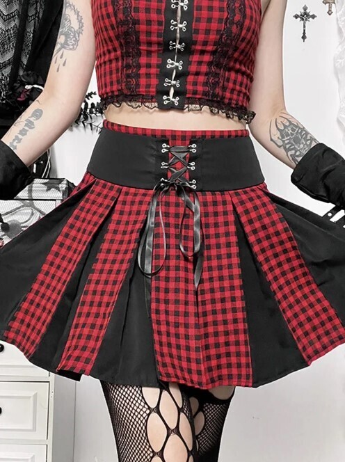 Plaid High Waist Punk Patchwork Pleated Short Skirt