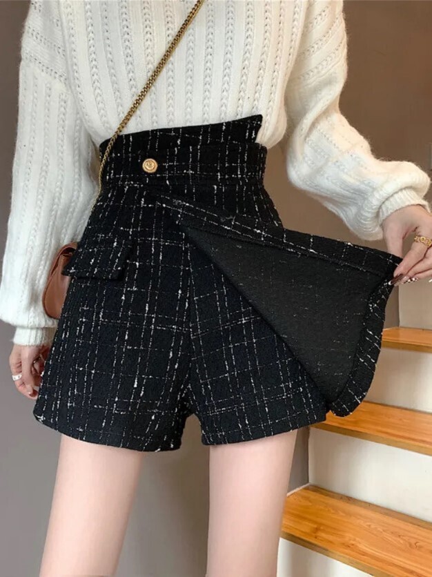 Woolen Style Plaid A- Line Sexy Irregular High Waist Shorts