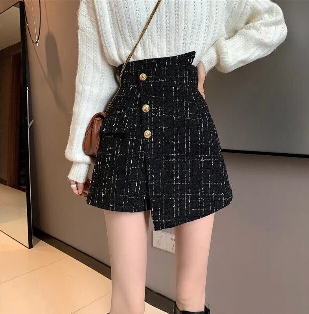 Woolen Style Plaid A- Line Sexy Irregular High Waist Shorts