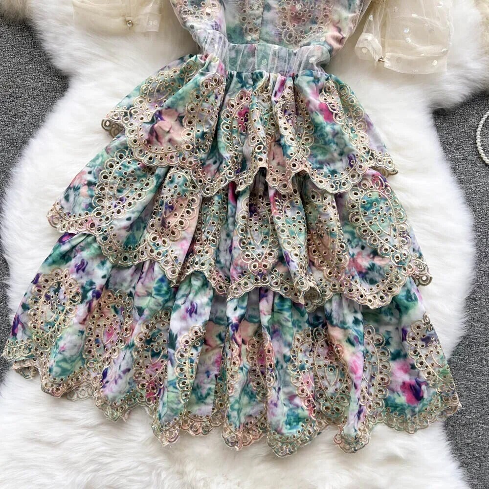 Summer Elegant O-neck Puff Sleeve Ruffled Dress