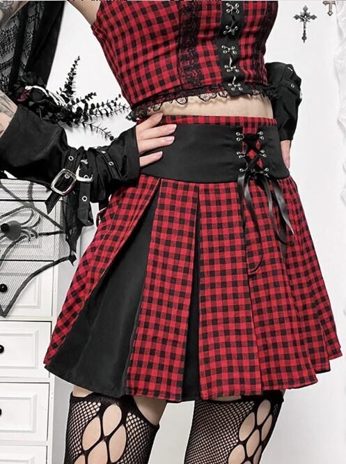Plaid High Waist Punk Patchwork Pleated Short Skirt