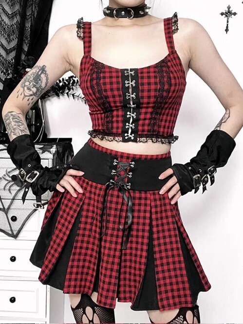 Plaid High Waist Punk Patchwork Pleated Short Skirt