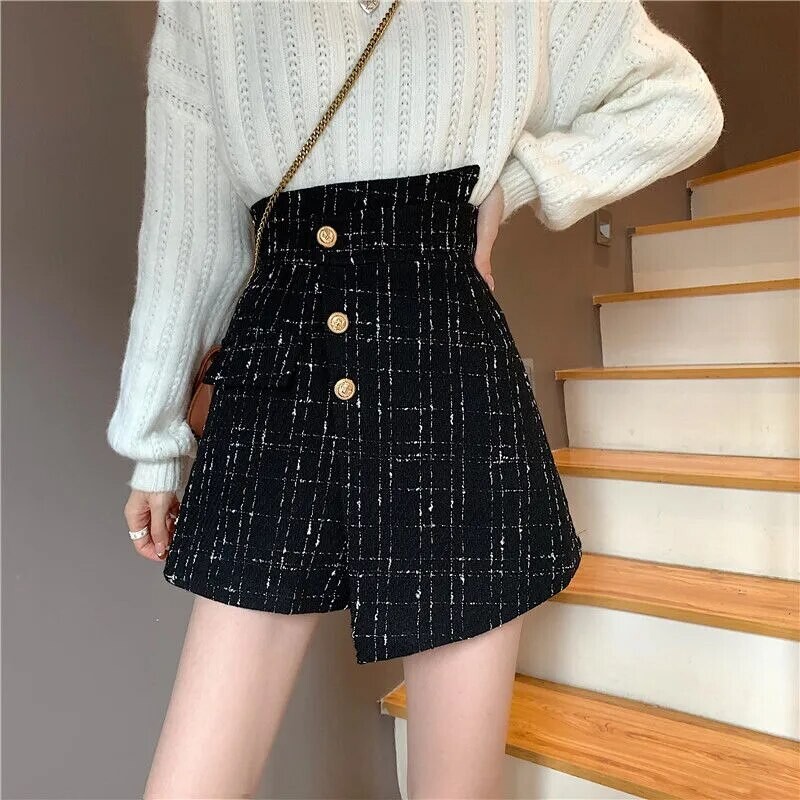 Woolen Style Plaid A- Line Sexy Irregular High Waist Shorts