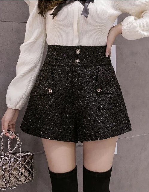 Black Woolen High Waist Tweed Shorts