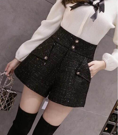 Black Woolen High Waist Tweed Shorts