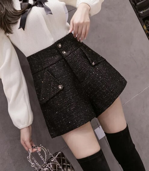 Black Woolen High Waist Tweed Shorts