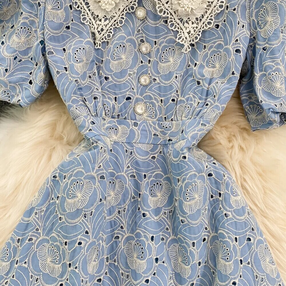 French Blue Flower Embroidery Puff Sleeve Dress