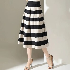 Black and White Striped Pleated Long Skirt