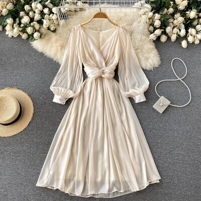 French Elegant V-neck Bubble Sleeve Dress