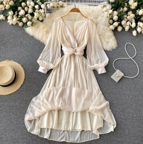 French Elegant V-neck Bubble Sleeve Dress