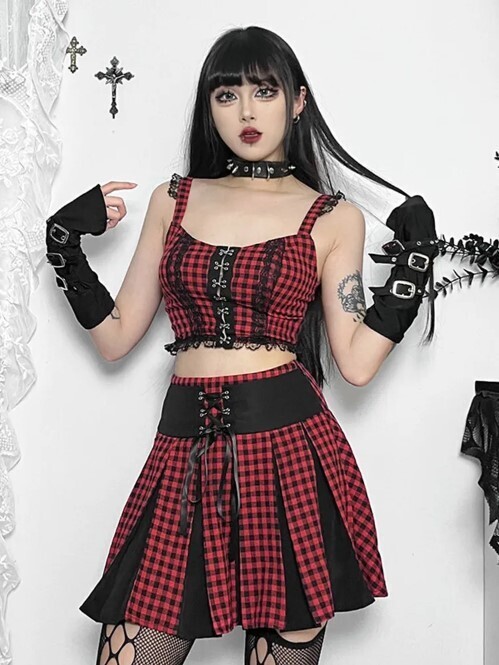 Plaid High Waist Punk Patchwork Pleated Short Skirt