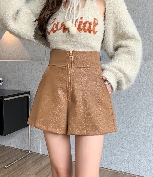 High Wasited Front Zipper PU Leather Shorts