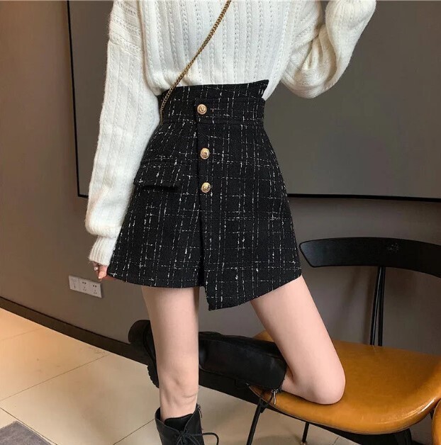 Woolen Style Plaid A- Line Sexy Irregular High Waist Shorts