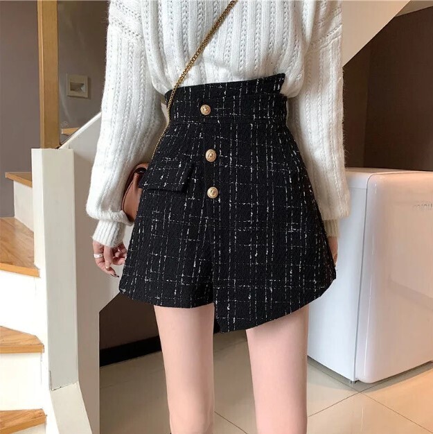 Woolen Style Plaid A- Line Sexy Irregular High Waist Shorts