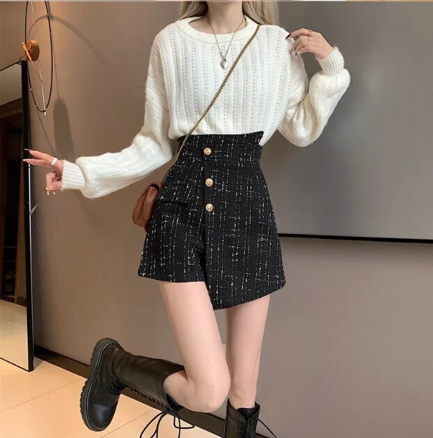 Woolen Style Plaid A- Line Sexy Irregular High Waist Shorts