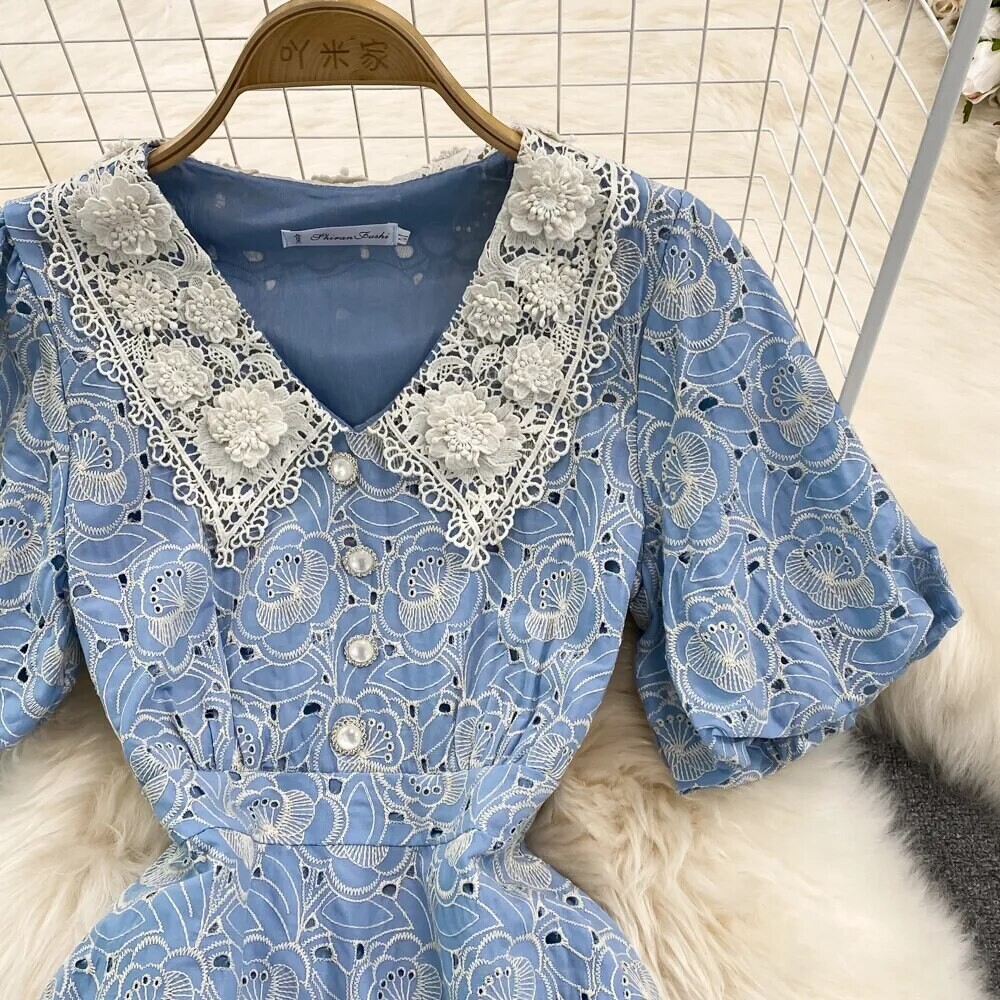 French Blue Flower Embroidery Puff Sleeve Dress