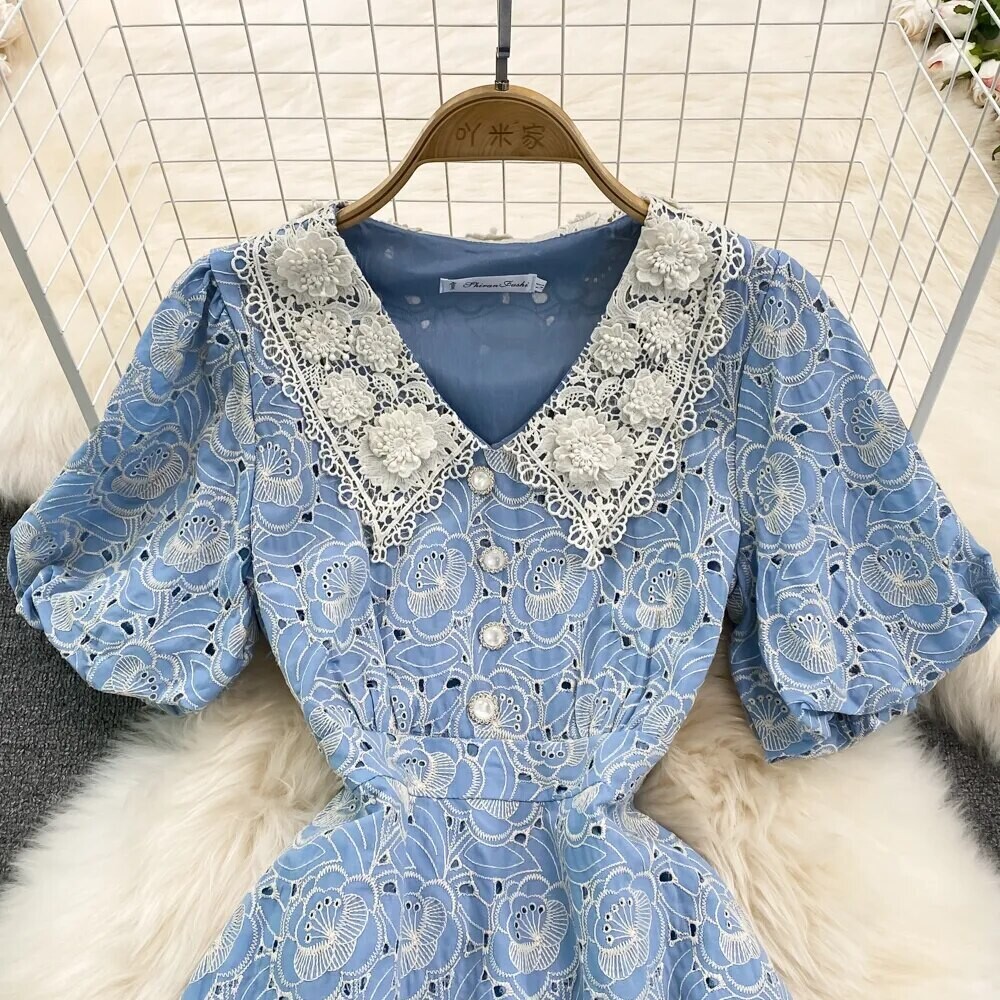 French Blue Flower Embroidery Puff Sleeve Dress