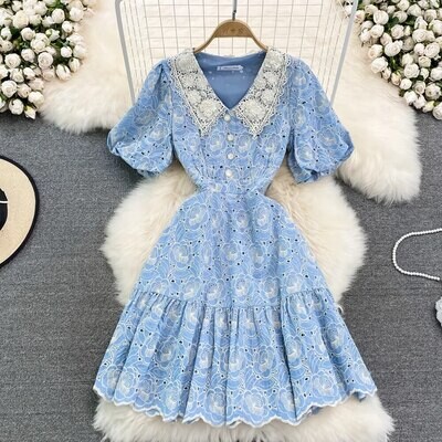 French Blue Flower Embroidery Puff Sleeve Dress