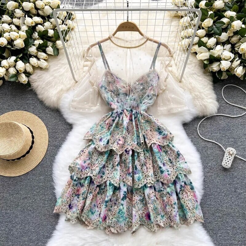 Summer Elegant O-neck Puff Sleeve Ruffled Dress