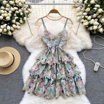 Summer Elegant O-neck Puff Sleeve Ruffled Dress