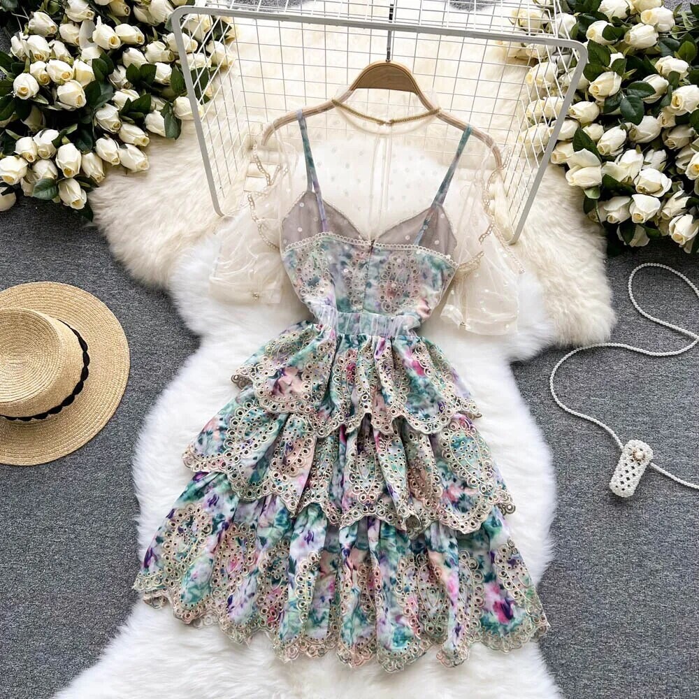 Summer Elegant O-neck Puff Sleeve Ruffled Dress