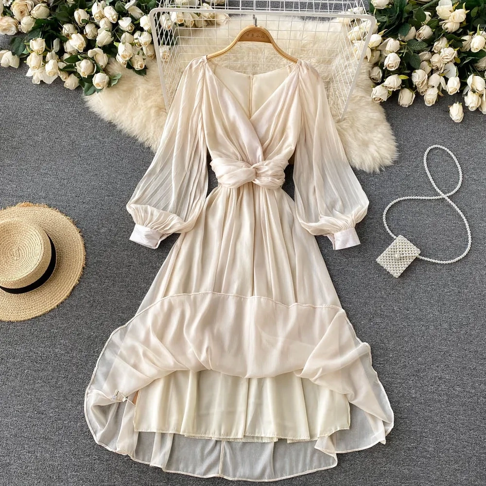 French Elegant V-neck Bubble Sleeve Dress