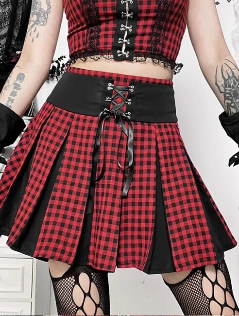 Plaid High Waist Punk Patchwork Pleated Short Skirt